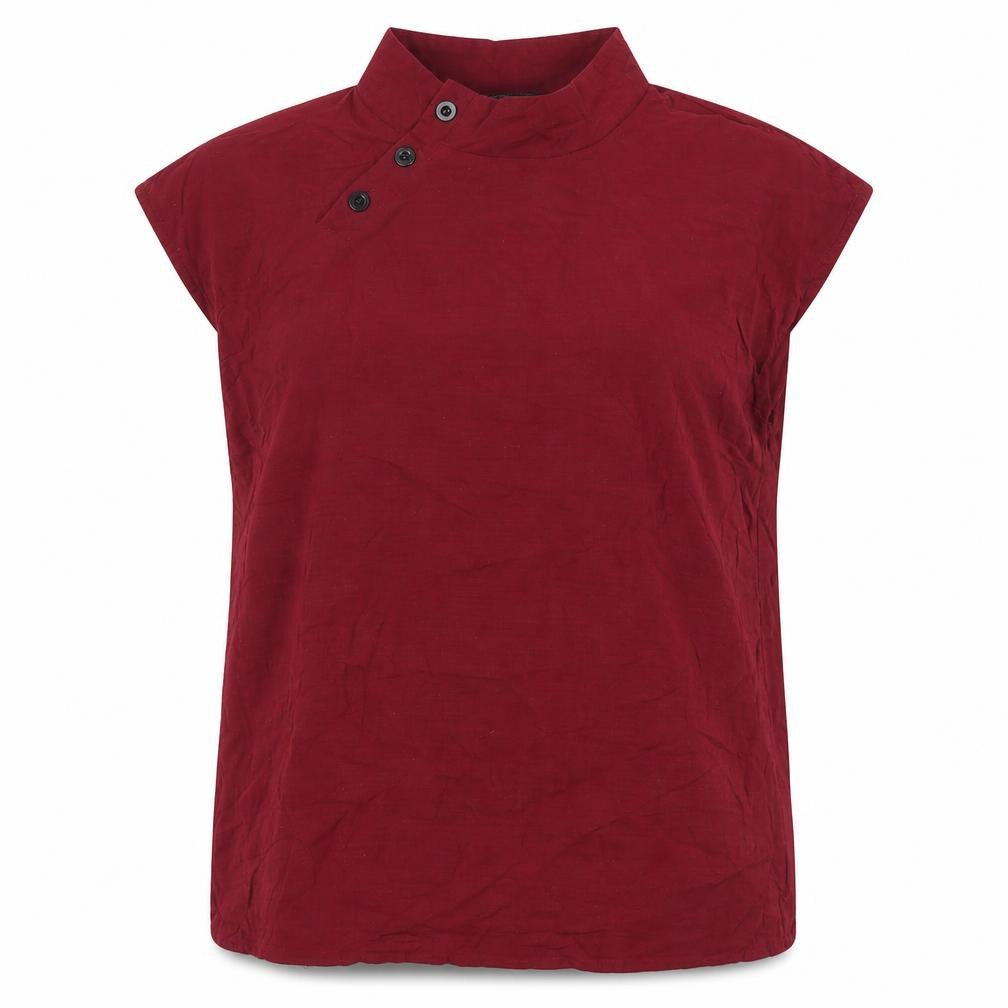 Front view of Celmia women’s red cotton basic button-up, size L, round neck