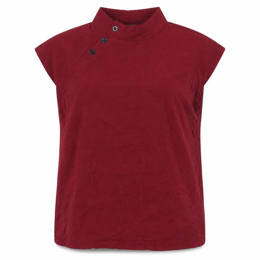 Front view of Celmia women’s red cotton basic button-up, size L, round neck