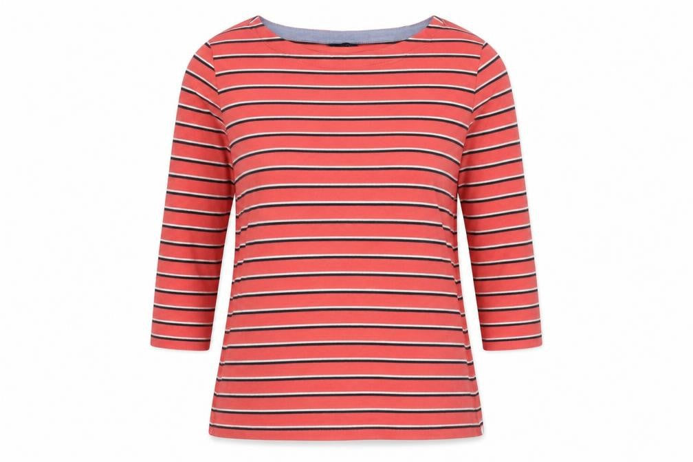 Front view of Nautica women’s red striped cotton pullover sweatshirt, size S, pullover