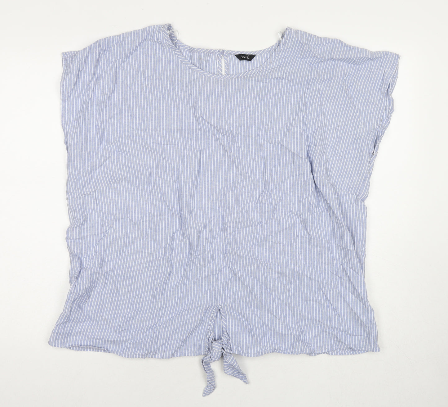 M&Co Womens Blue Striped Linen Basic Blouse Size 18 Round Neck