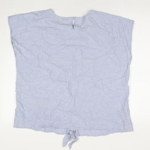 M&Co Womens Blue Striped Linen Basic Blouse Size 18 Round Neck