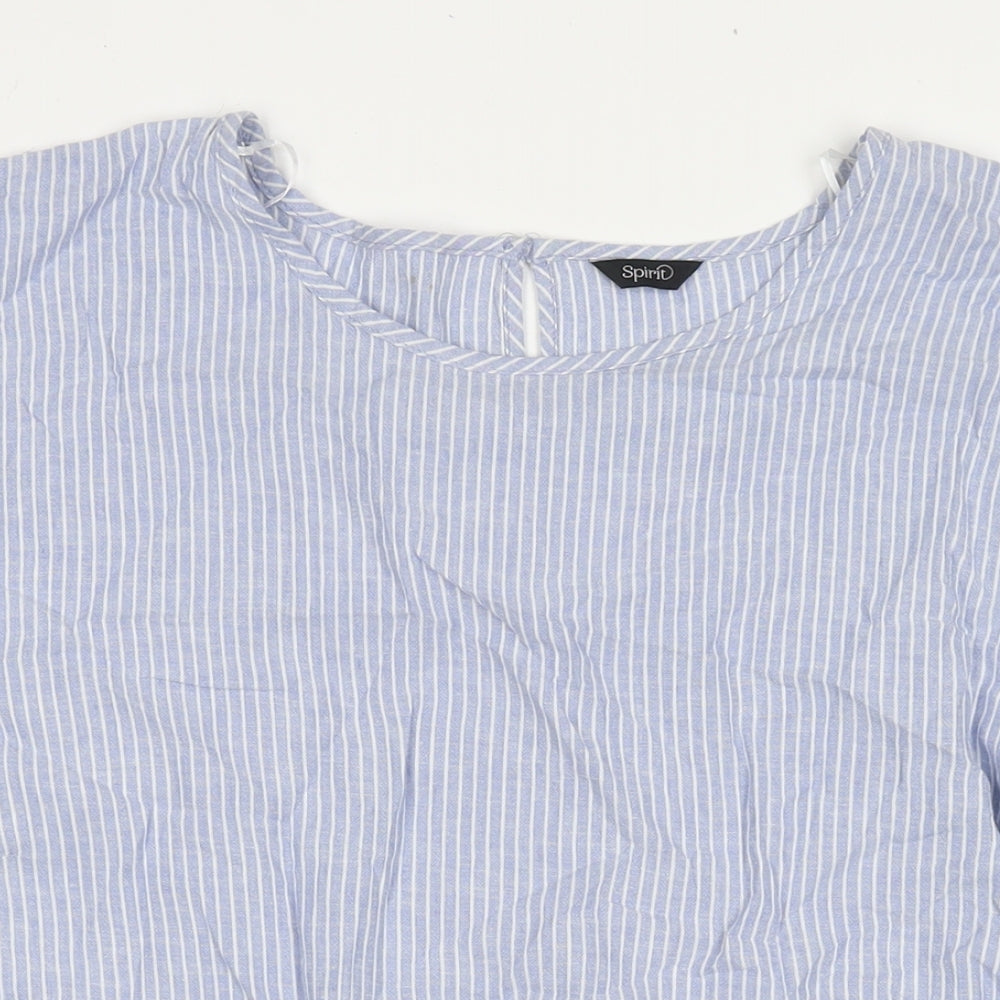M&Co Womens Blue Striped Linen Basic Blouse Size 18 Round Neck