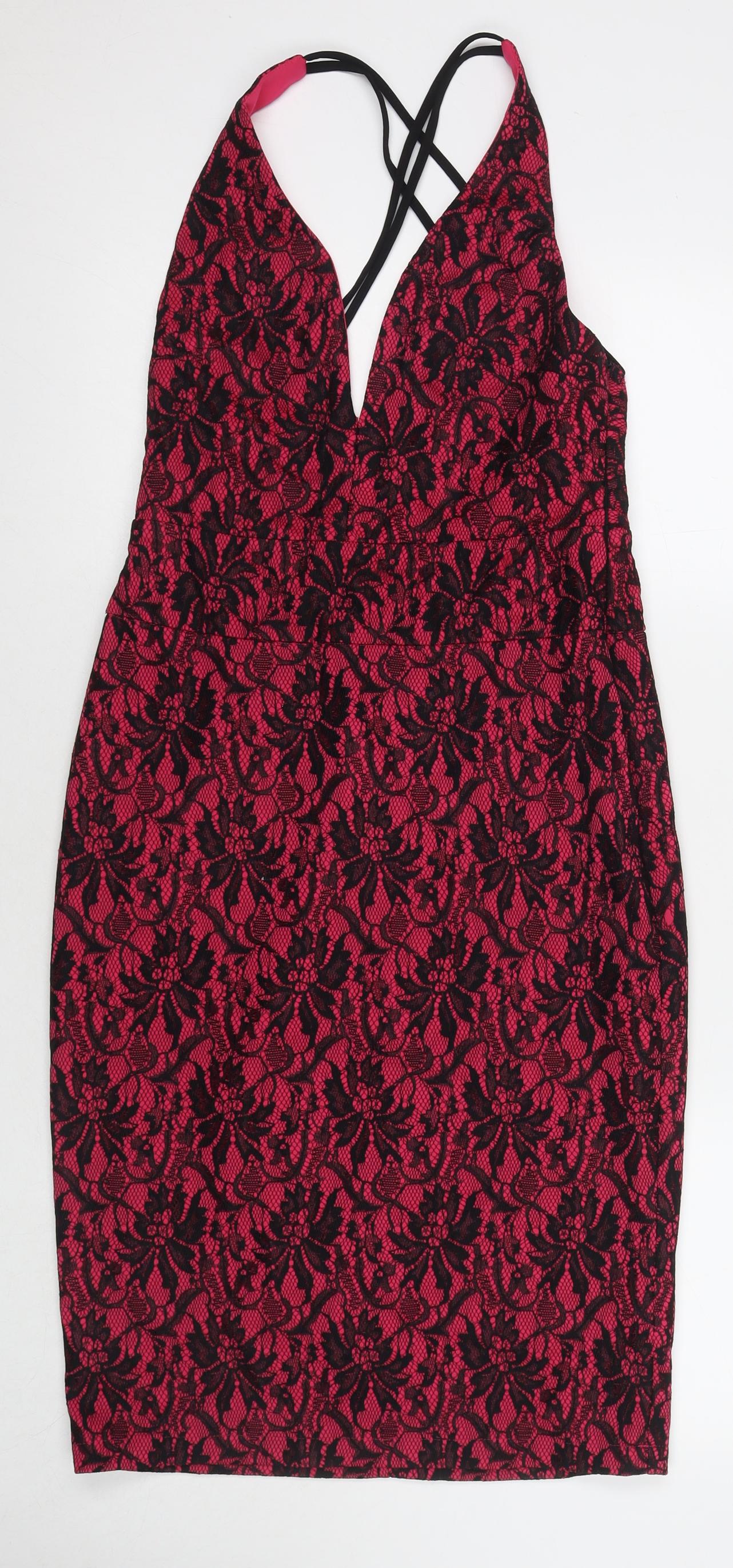 Rare London Womens Pink Floral Polyester Sheath Size 12 V-Neck Pullover