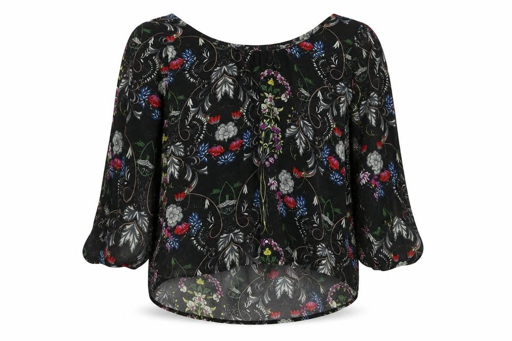 Front view of Miley&Molly women’s black floral polyester basic blouse, size M, round neck