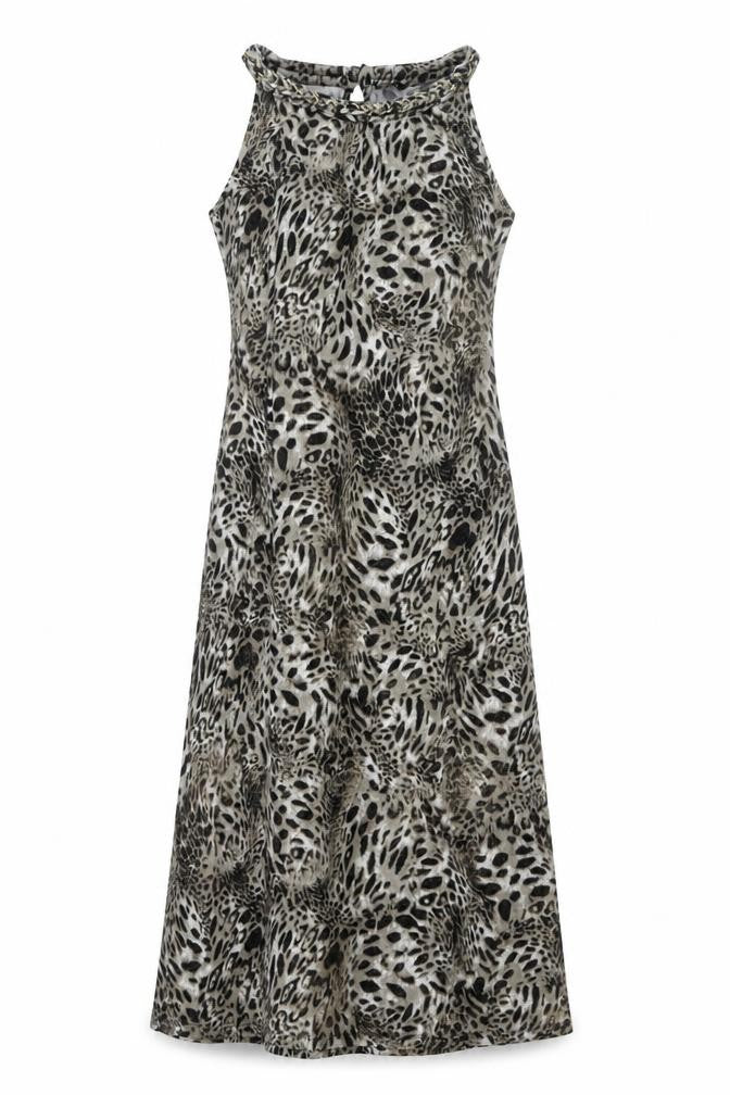 Front view of M&Co women’s grey animal print polyester maxi, size UK 10, round neck pullover - leopard print