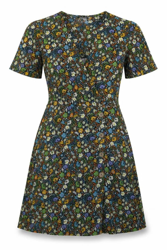 Front view of Next women’s multicoloured floral viscose fit & flare, size UK 8, v-neck pullover