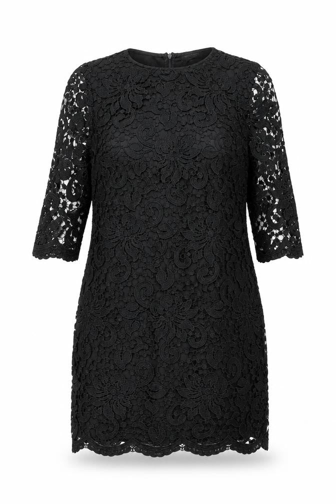 Front view of Guestlist women’s black floral polyester a-line, size UK 14, round neck zip