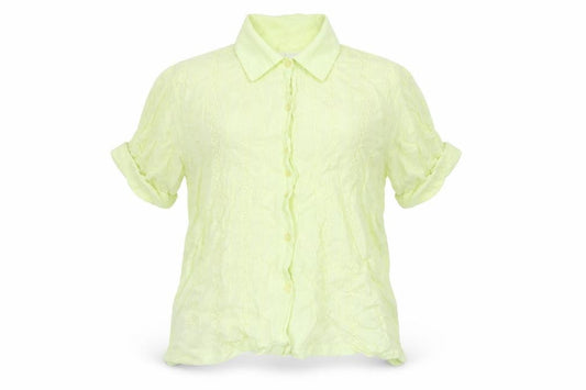 Front view of New Look women’s yellow viscose basic button-up, size UK 12, collared