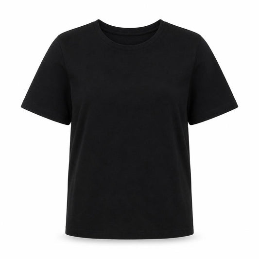Front view of LC Waikiki women’s black polyester basic t-shirt, size L, round neck