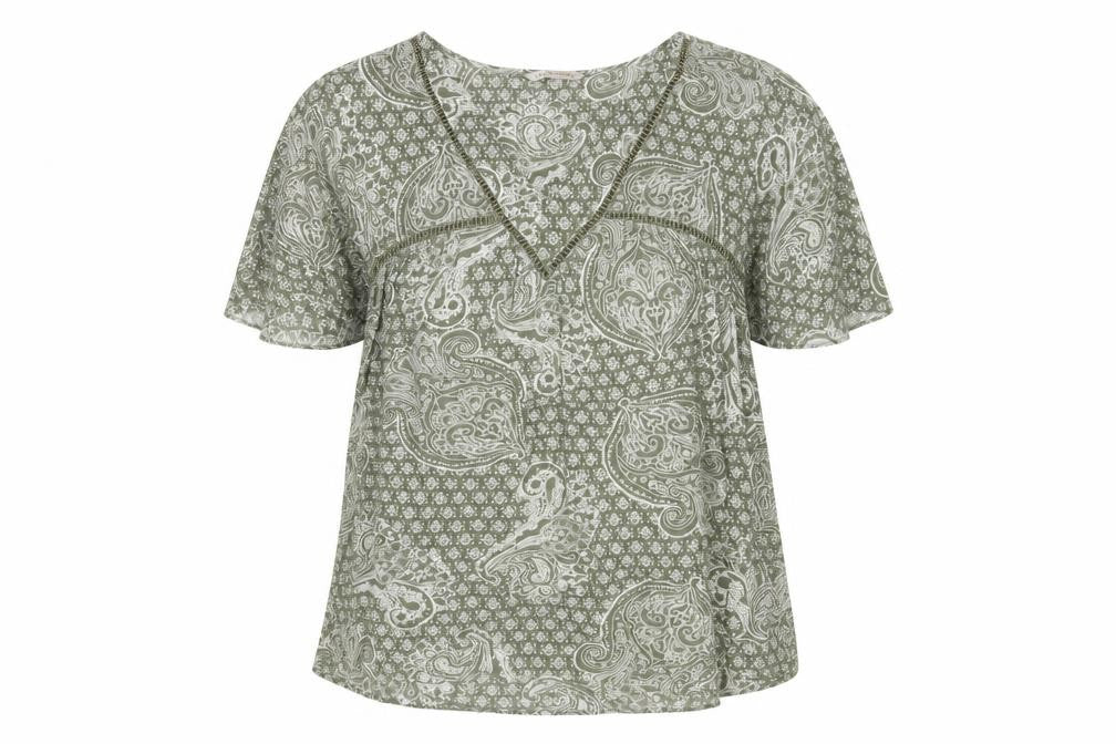 Front view of Marks & Spencer women’s grey floral viscose basic blouse, size UK 10, v-neck