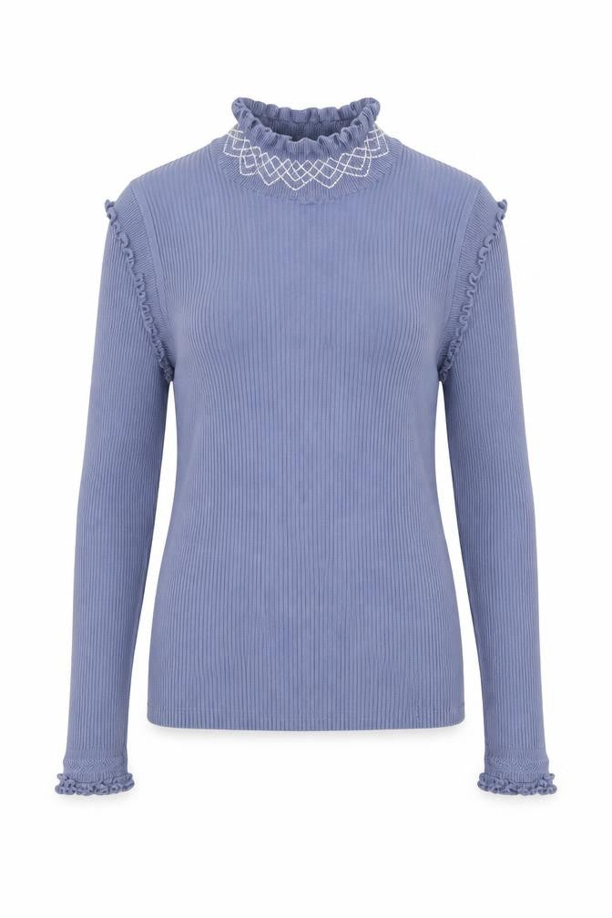 Front view of River Island women’s blue round neck viscose jumper, size UK 10