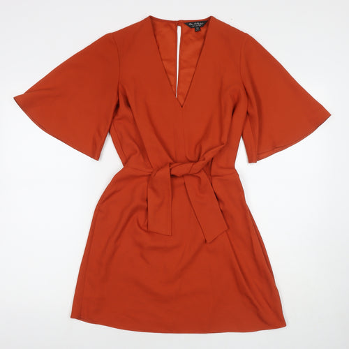Miss Selfridge Womens Orange Polyester A-Line Size 4 V-Neck Button