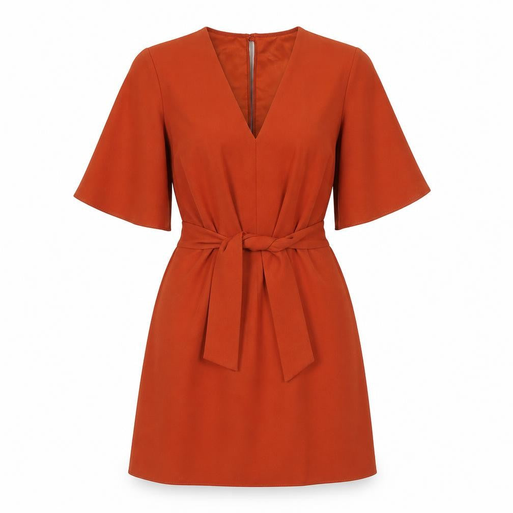 Front view of Miss Selfridge women’s orange polyester a-line, size UK 4, v-neck button