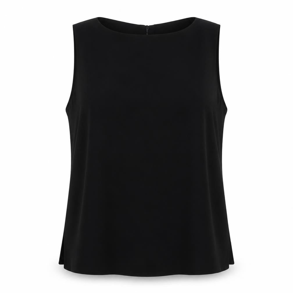 Front view of St Michael women’s black polyester basic tank, size UK 22, round neck