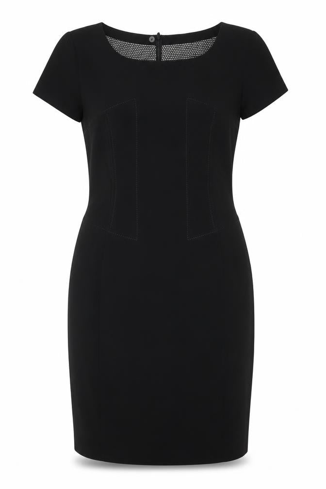 Front view of Marks & Spencer women’s black polyester a-line, size UK 10, round neck zip