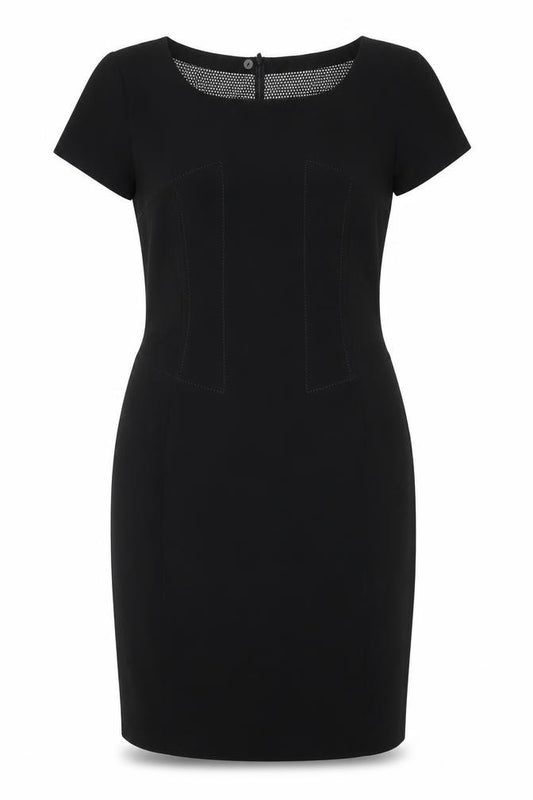 Front view of Marks & Spencer women’s black polyester a-line, size UK 10, round neck zip