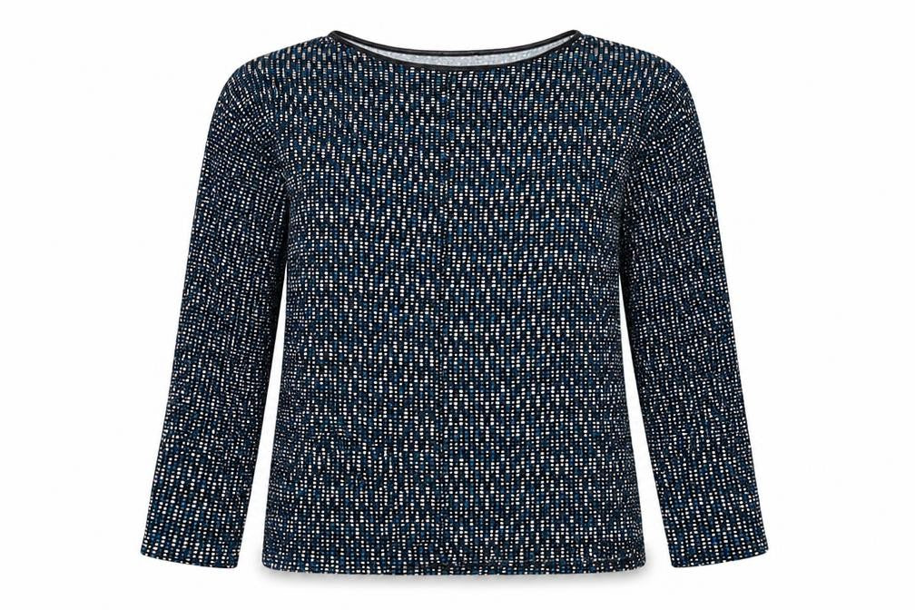 Front view of Worthington Industries women’s blue geometric viscose basic blouse, size M, round neck