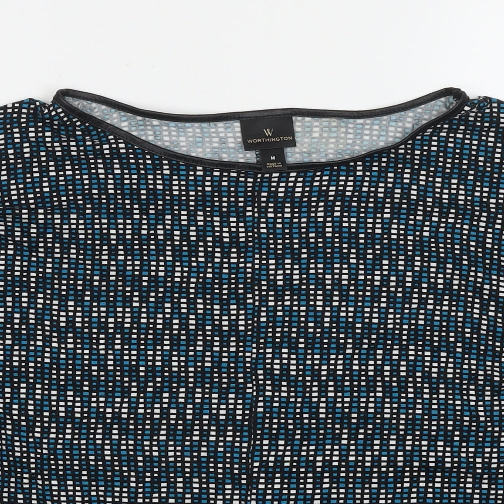 Worthington Industries Womens Blue Geometric Viscose Basic Blouse Size M Round Neck