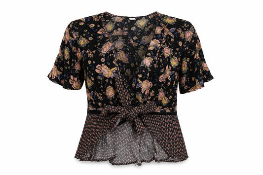 Front view of New Look women’s multicoloured floral viscose wrap t-shirt, size UK 12, v-neck
