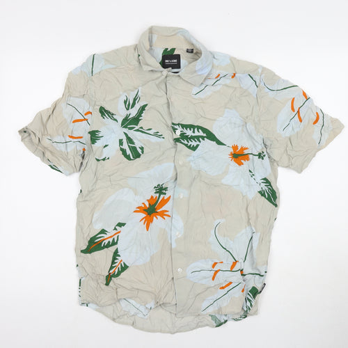 ONLY & SONS Mens Multicoloured Floral Viscose Button-Up Size M Collared Button