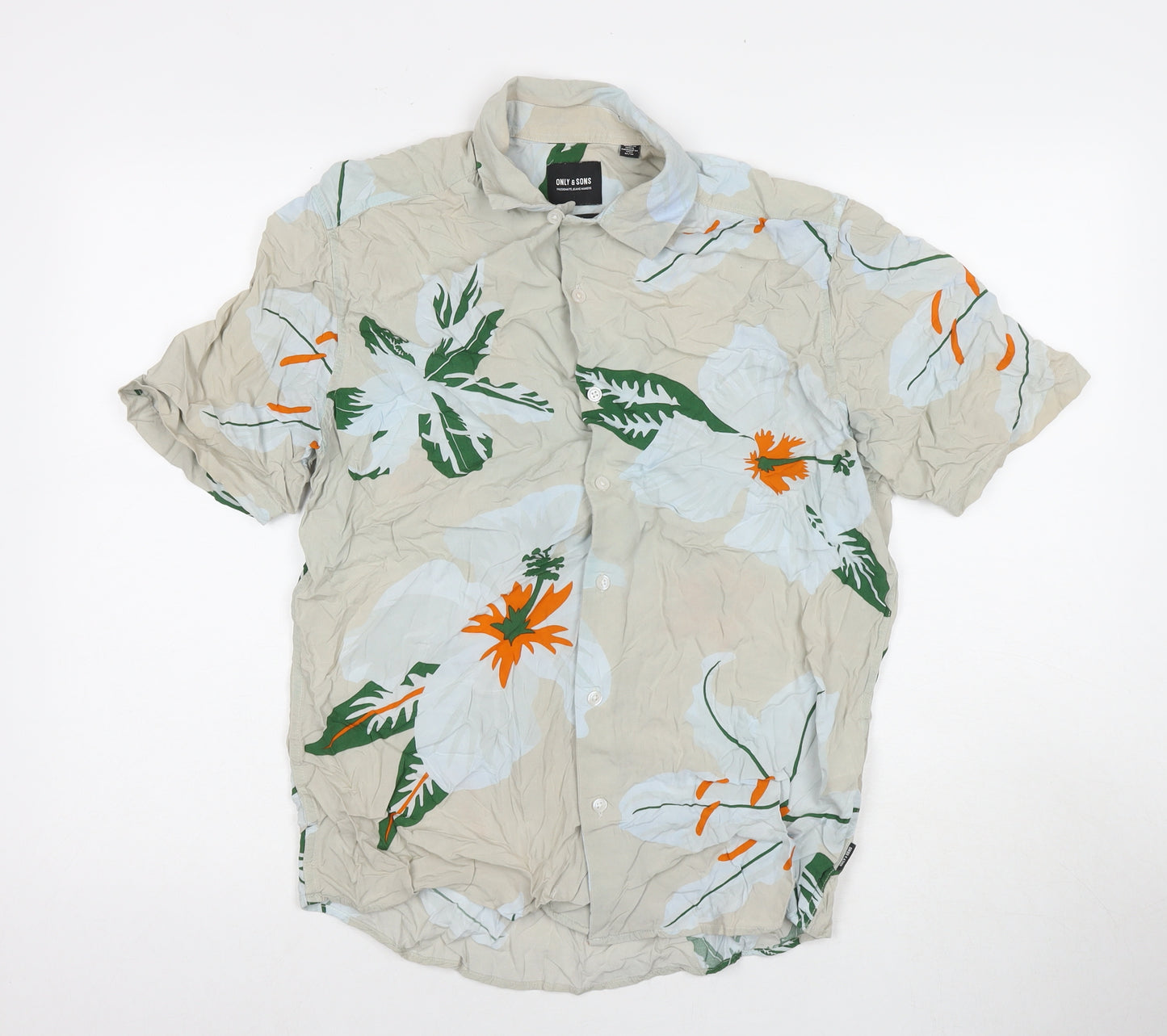 ONLY & SONS Mens Multicoloured Floral Viscose Button-Up Size M Collared Button