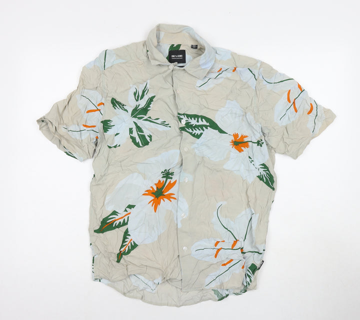ONLY & SONS Mens Multicoloured Floral Viscose Button-Up Size M Collared Button