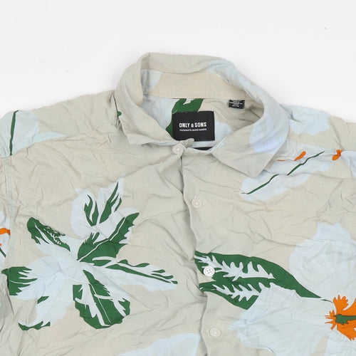 ONLY & SONS Mens Multicoloured Floral Viscose Button-Up Size M Collared Button
