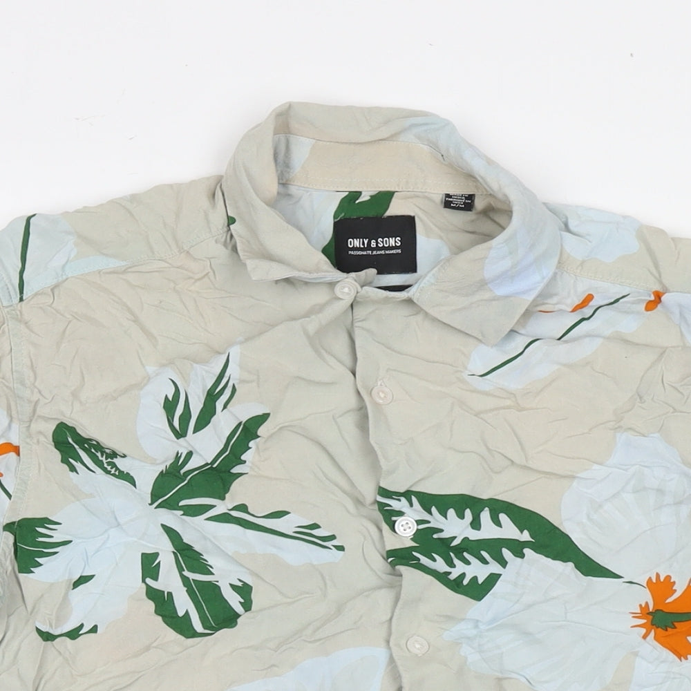 ONLY & SONS Mens Multicoloured Floral Viscose Button-Up Size M Collared Button