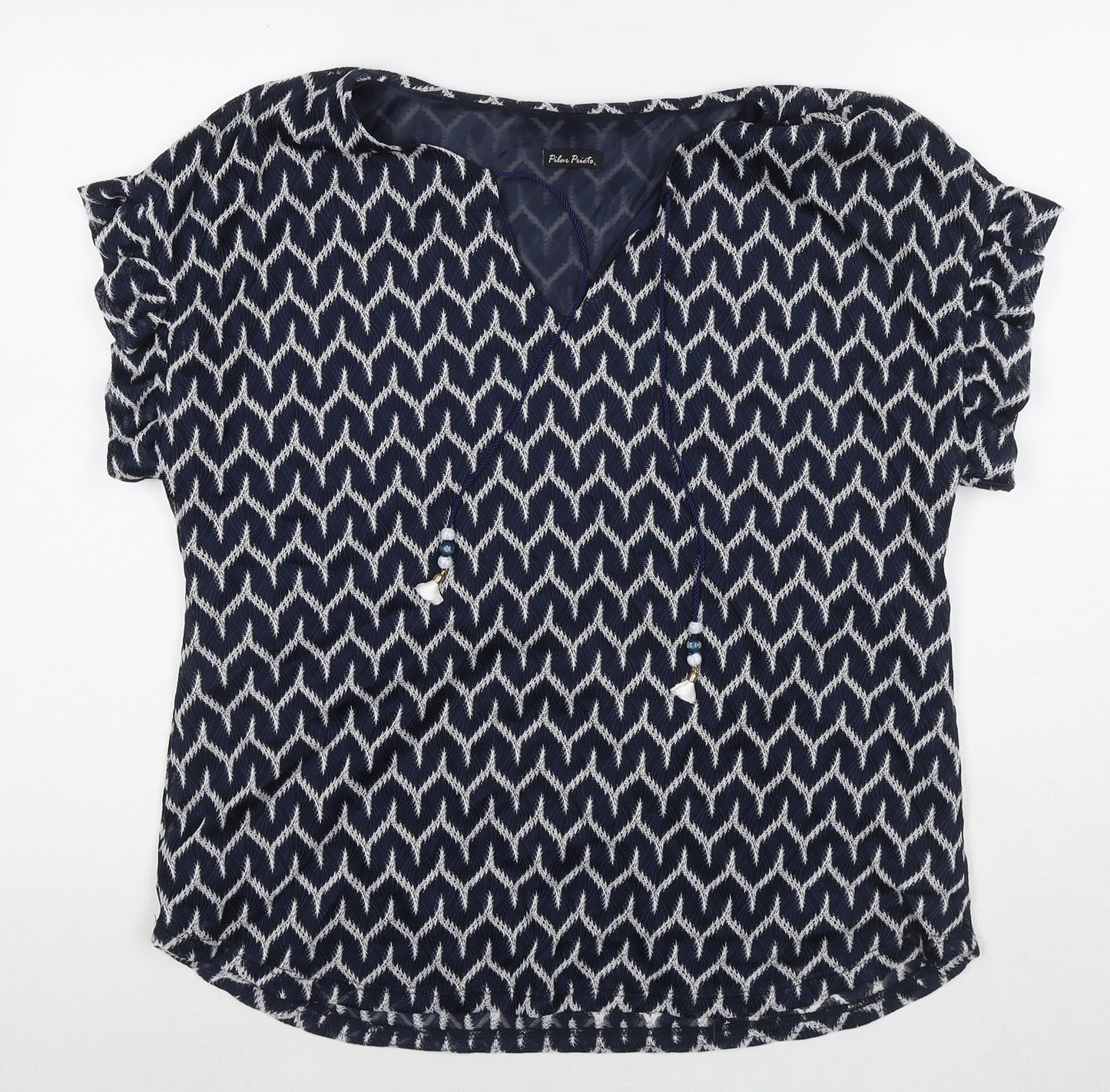 Pilar Prieto Womens Black Geometric Polyester Basic T-Shirt Size L Round Neck