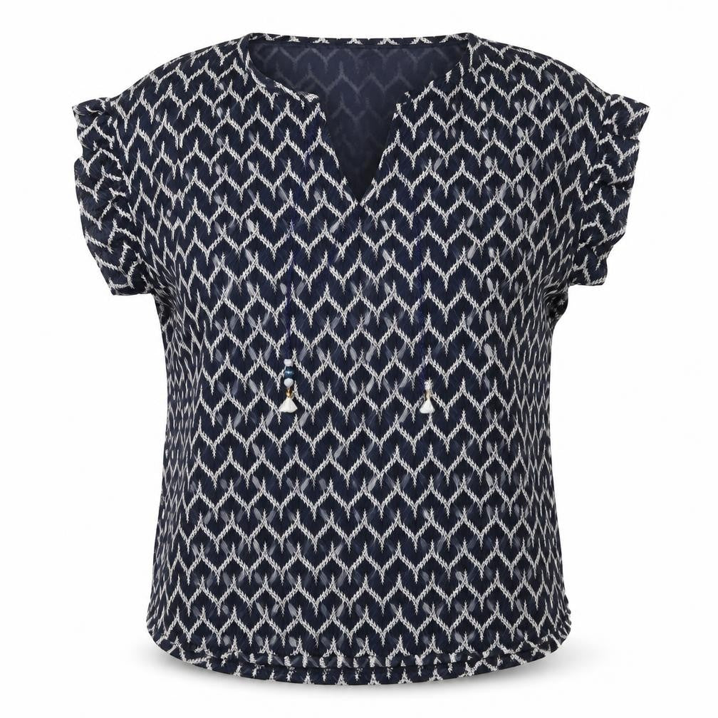 Front view of Pilar Prieto women’s black geometric polyester basic t-shirt, size L, round neck