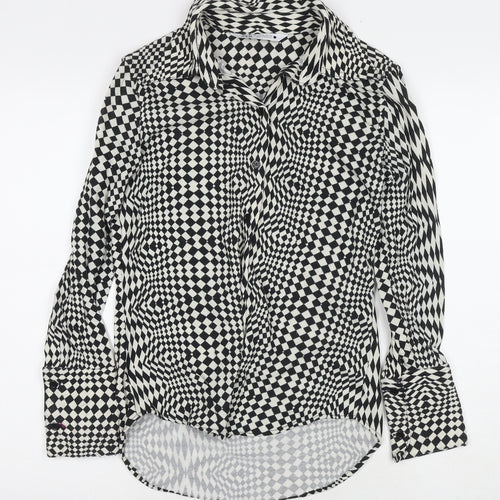 Zara Womens White Geometric Polyester Basic Button-Up Size M Collared