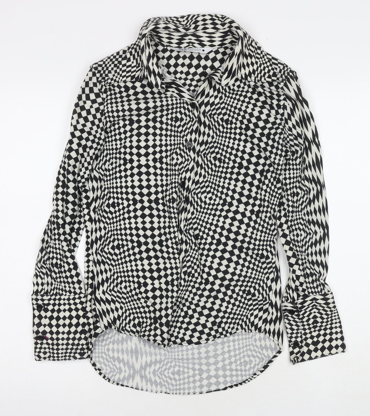 Zara Womens White Geometric Polyester Basic Button-Up Size M Collared