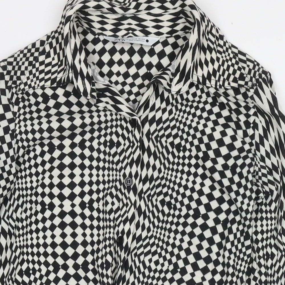 Zara Womens White Geometric Polyester Basic Button-Up Size M Collared