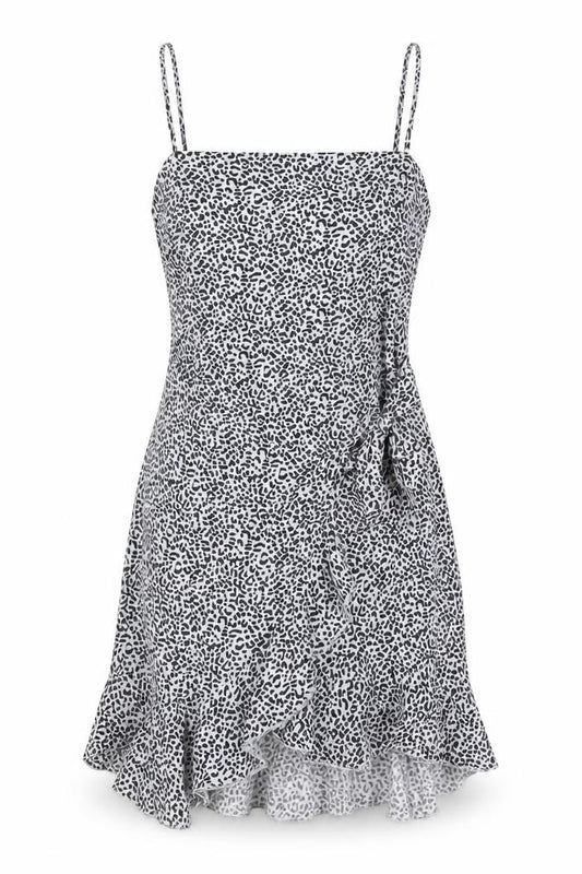 Front view of Rumor women’s white animal print polyester tank dress, size UK 8, square neck zip - leopard print