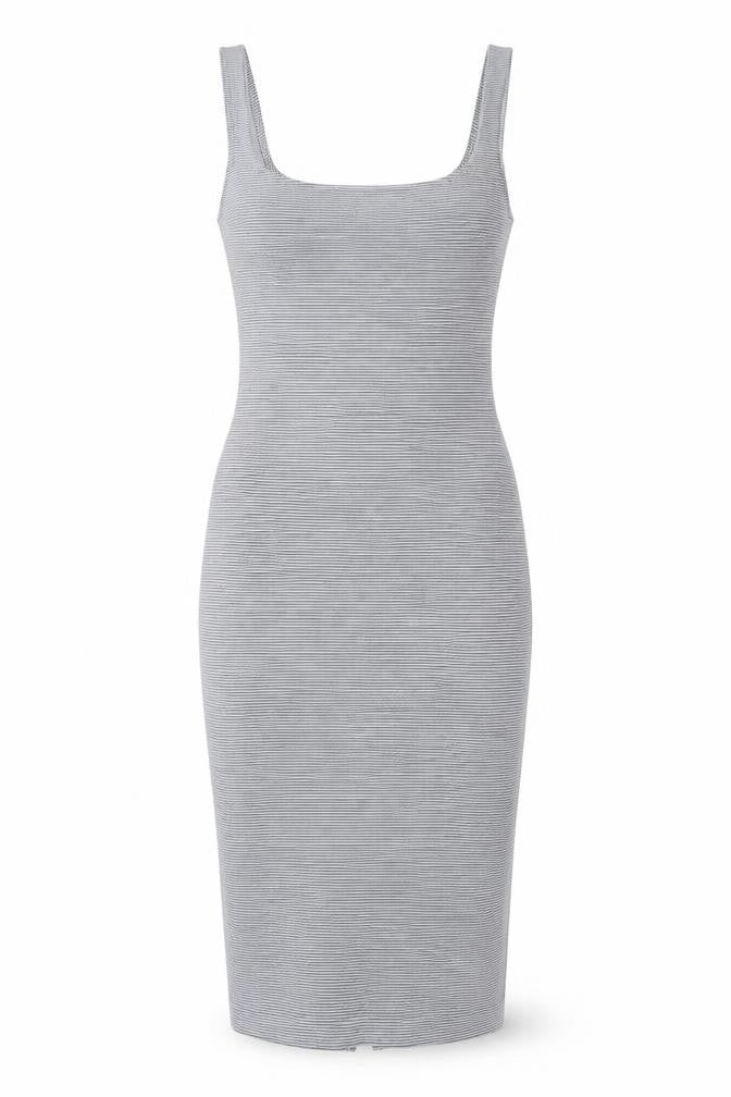 Front view of Zara women’s grey striped polyester bodycon, size S, scoop neck pullover