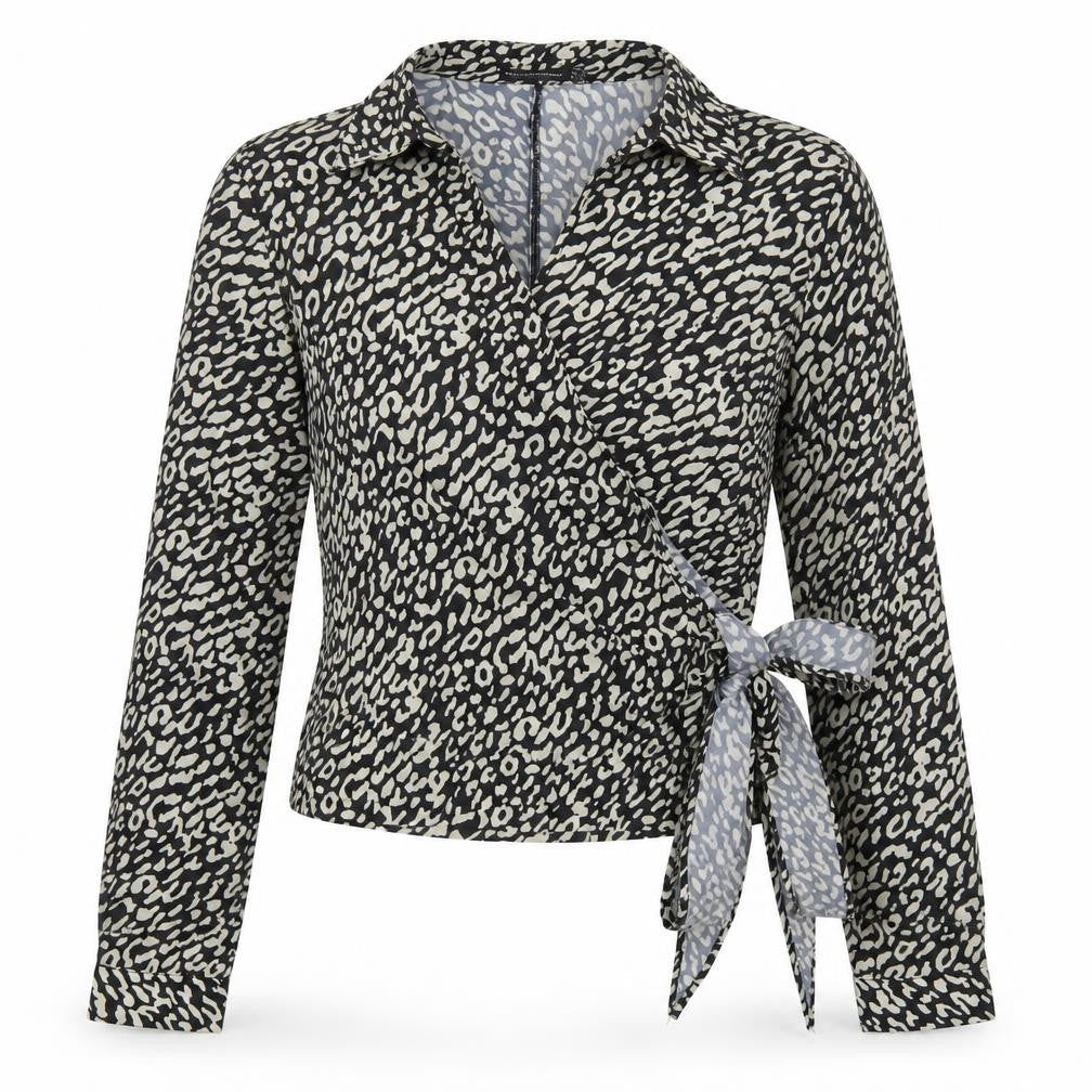 Front view of PRETTYLITTLETHING women’s black animal print polyester wrap blouse, size UK 10, collared - leopard print