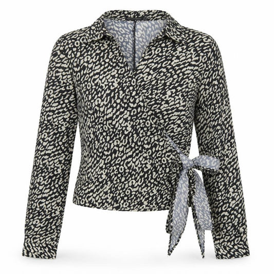 Front view of PRETTYLITTLETHING women’s black animal print polyester wrap blouse, size UK 10, collared - leopard print