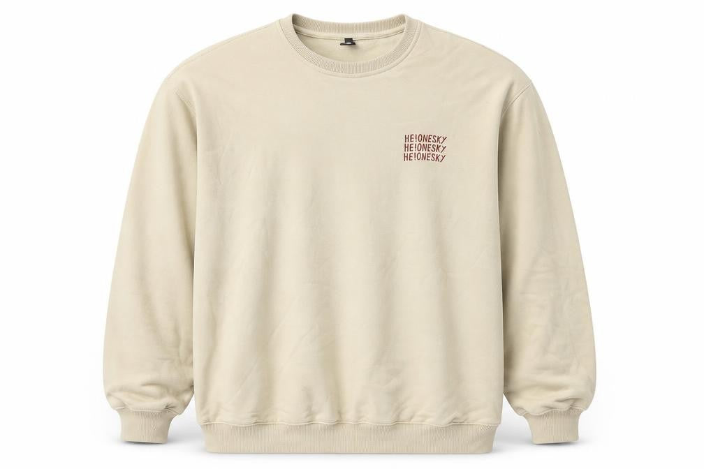 Front view of Cattee men’s beige cotton pullover sweatshirt, size L, - he one sky