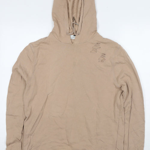 Topman Mens Beige Cotton Pullover Hoodie Size M - Ripped Detail