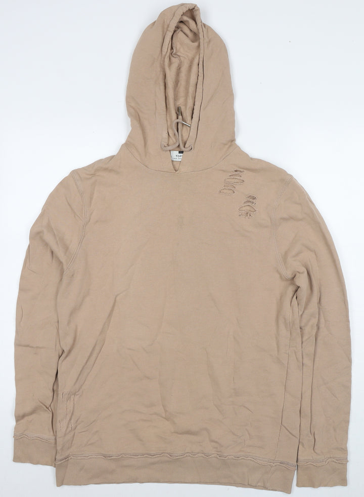 Topman Mens Beige Cotton Pullover Hoodie Size M - Ripped Detail