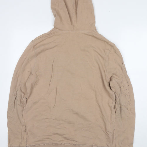 Topman Mens Beige Cotton Pullover Hoodie Size M - Ripped Detail