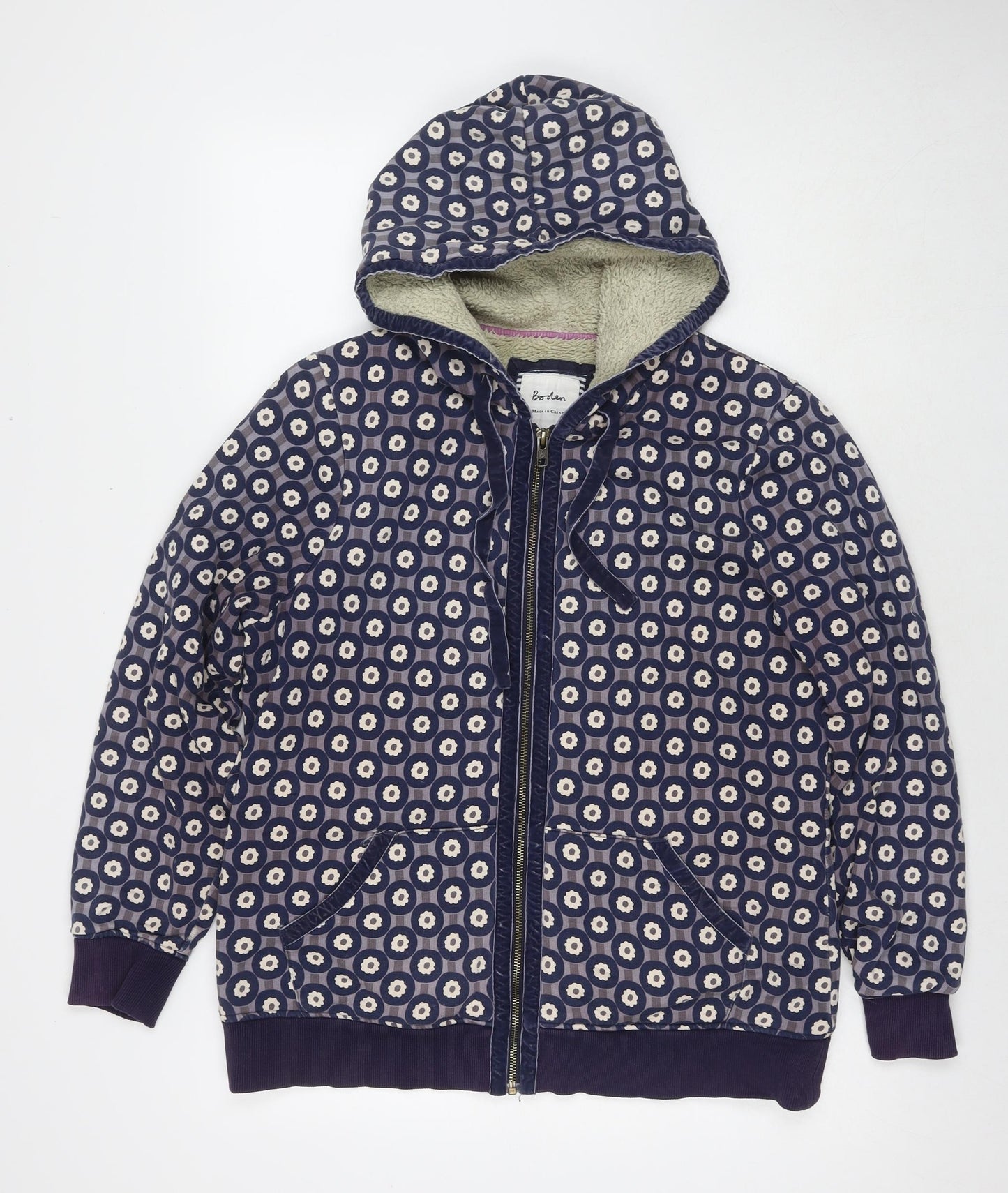 Boden Womens Blue Geometric Cotton Full Zip Hoodie Size 16 Zip