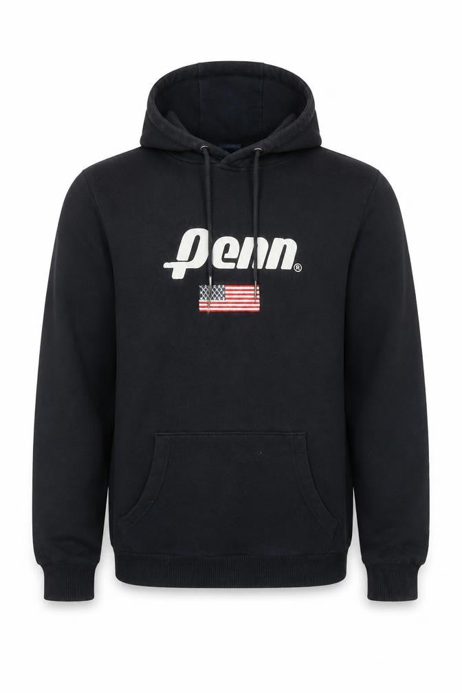 Front view of Penn men’s blue cotton pullover hoodie, size XS, - logo