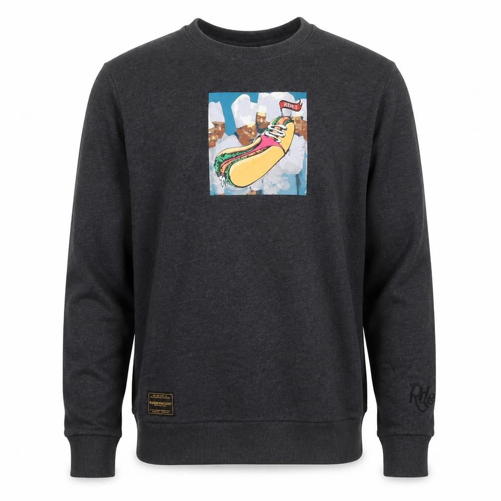 Front view of Mtee men’s grey cotton pullover sweatshirt, size XL, - hotdog