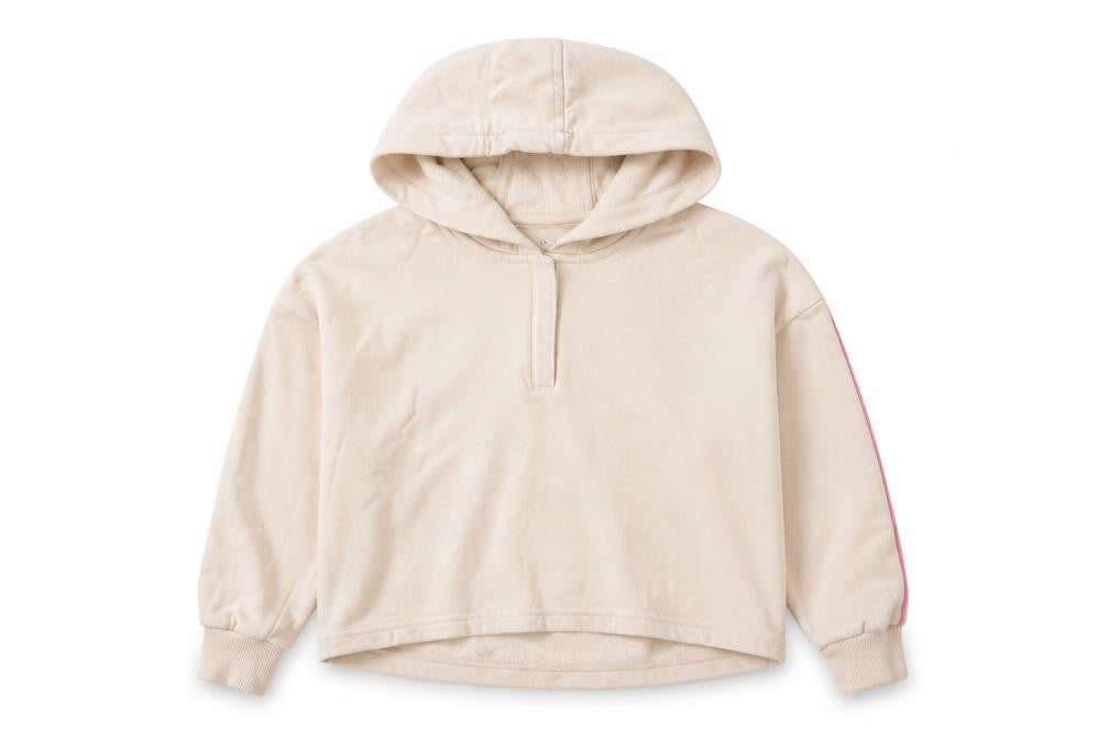 Front view of Marks & Spencer girls’ beige polyester pullover hoodie, size 7-8, years pullover