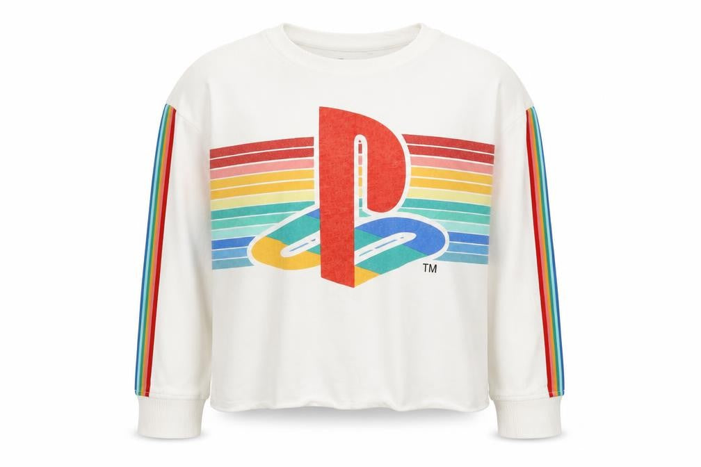 Front view of PlayStation girls’ white striped cotton pullover sweatshirt, size 13, years pullover - logo