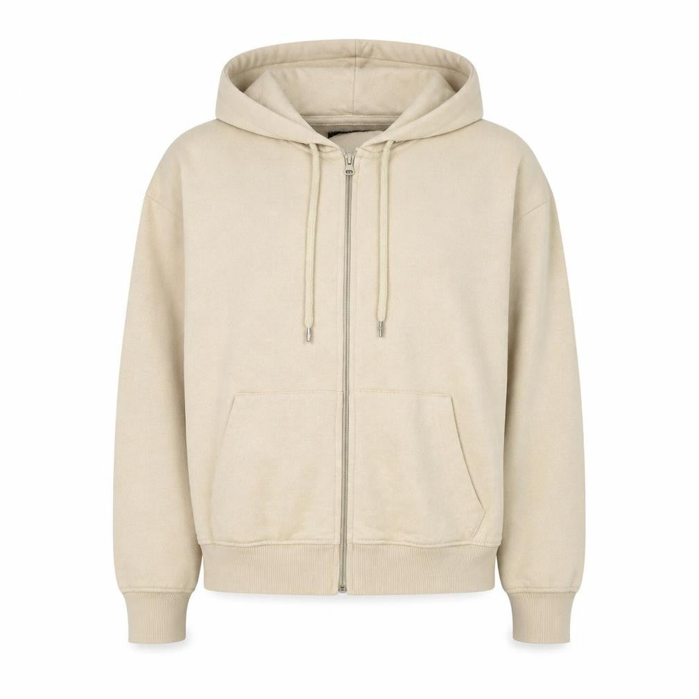 Front view of Boohoo women’s beige polyester full zip hoodie, size S, zip