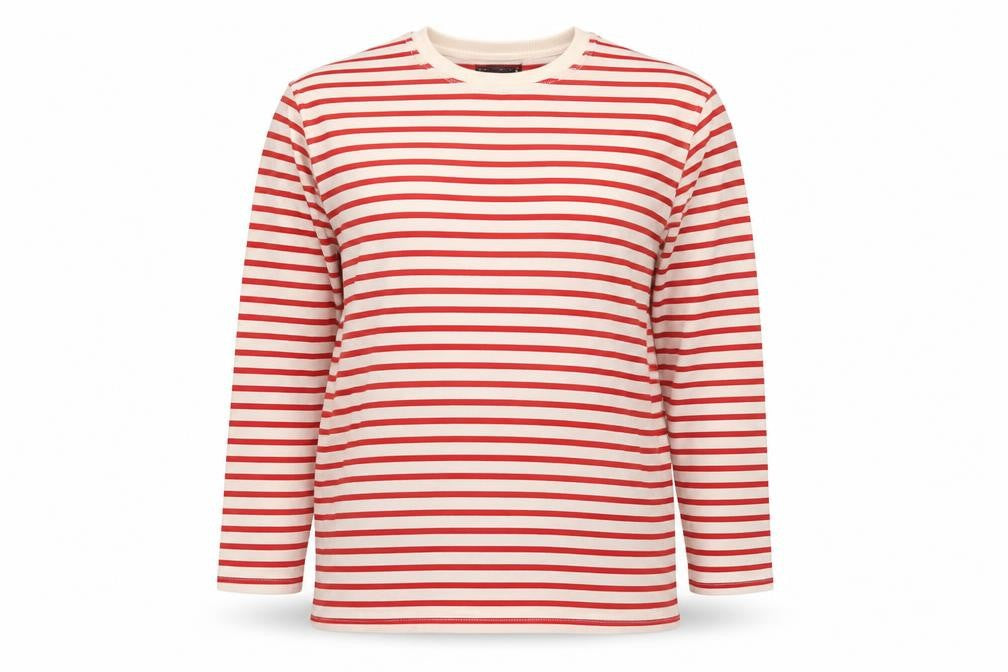 Front view of Zara women’s red striped cotton pullover sweatshirt, size L, pullover