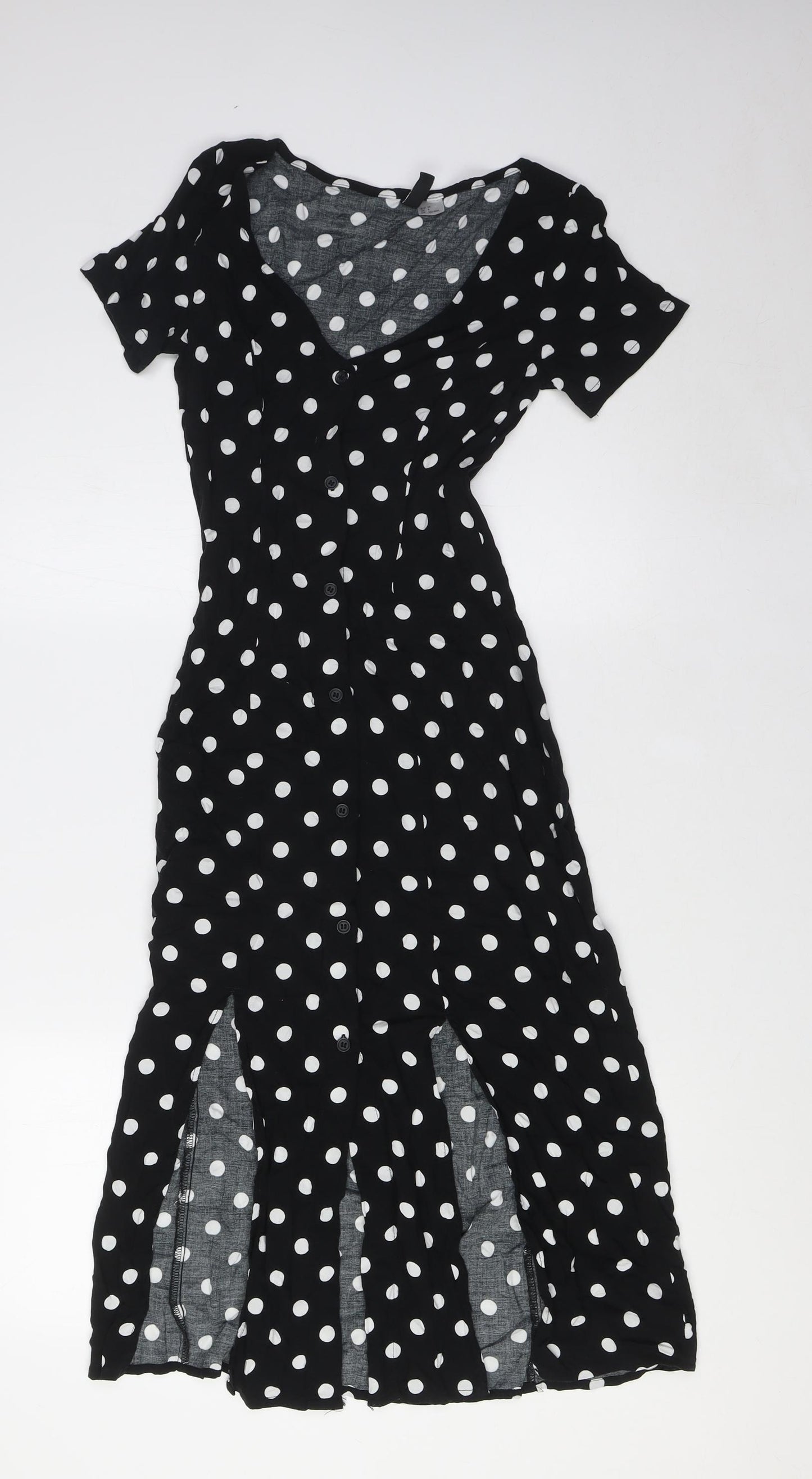 Divided by H&M Womens Blue Polka Dot Viscose A-Line Size 6 V-Neck Button
