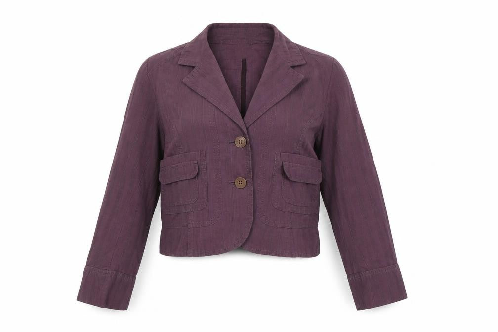 Front view of Next women’s purple jacket, size UK 12, button